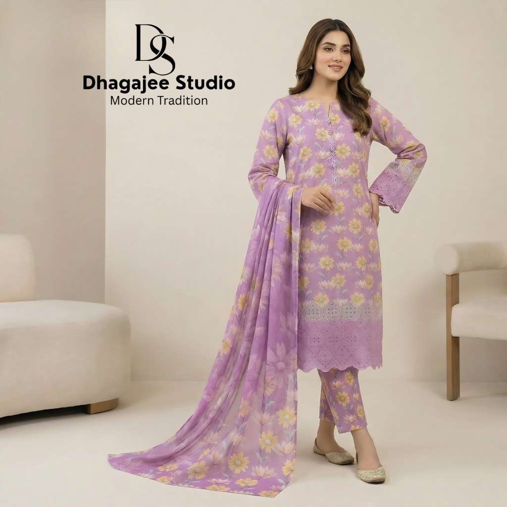 Muqaddas – Premium 3-Piece Stitched Chikankari Lawn Suit by Dhagajee Studio