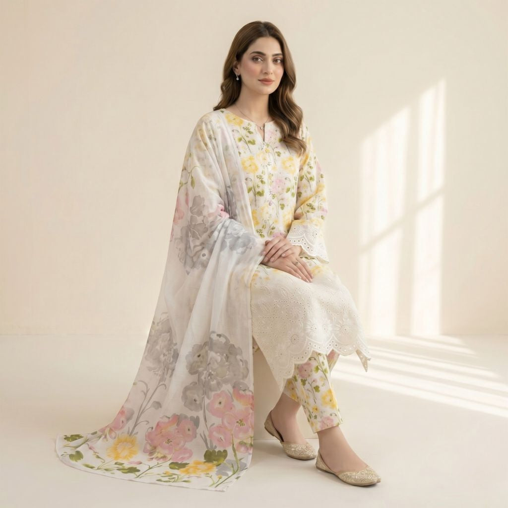 Muqaddas – Premium 3-Piece Stitched Chikankari Lawn Suit by Dhagajee Studio