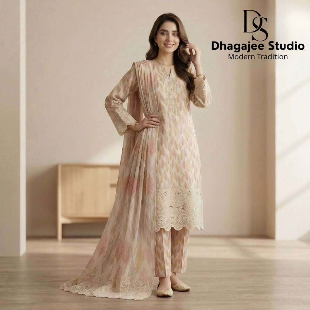 Muqaddas – Premium 3-Piece Stitched Chikankari Lawn Suit by Dhagajee Studio