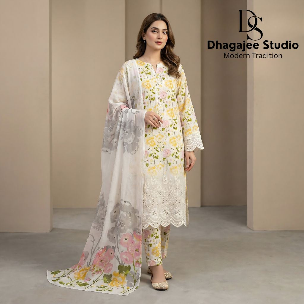 Muqaddas – Premium 3-Piece Stitched Chikankari Lawn Suit by Dhagajee Studio
