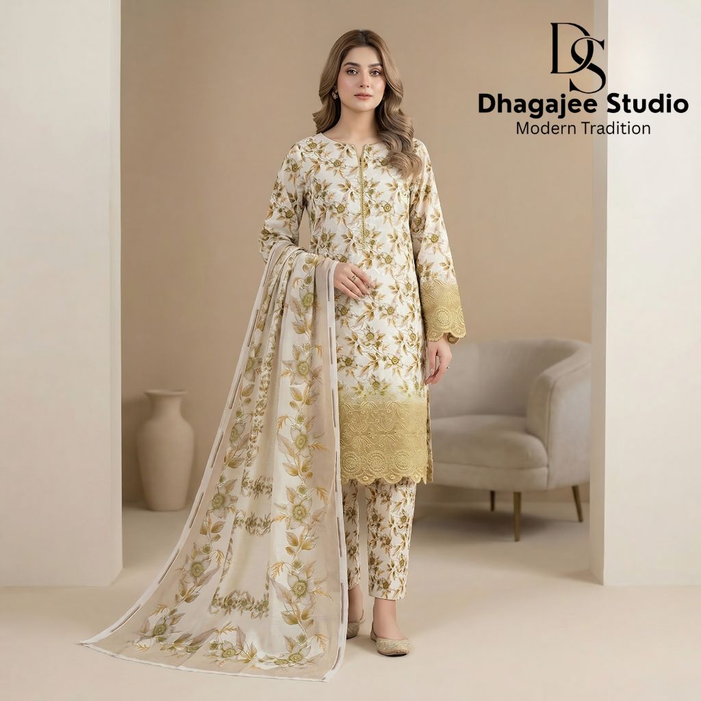 Muqaddas – Premium 3-Piece Stitched Chikankari Lawn Suit by Dhagajee Studio